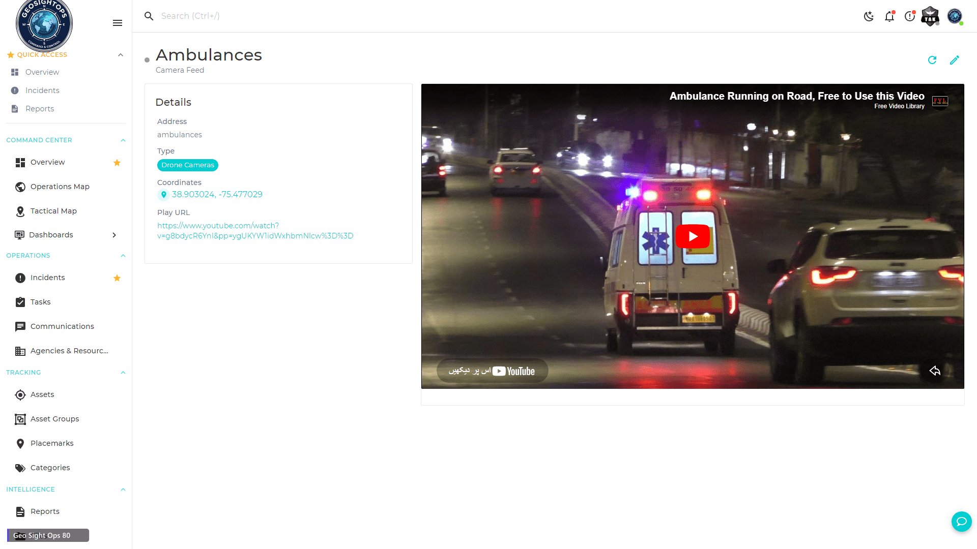 GeoSightOps asset details with live drone camera feed for EMS on the map.