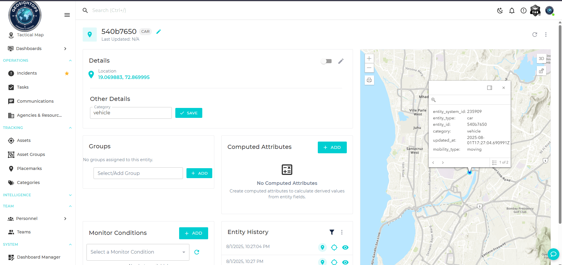 Vehicle tracking and map detail in GeoSightOps.