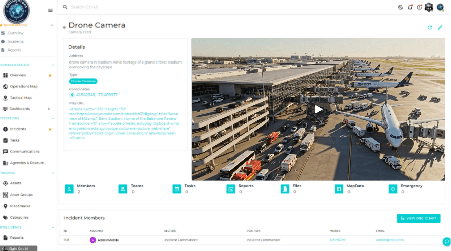 GeoSightOps drone camera feed and incident details.