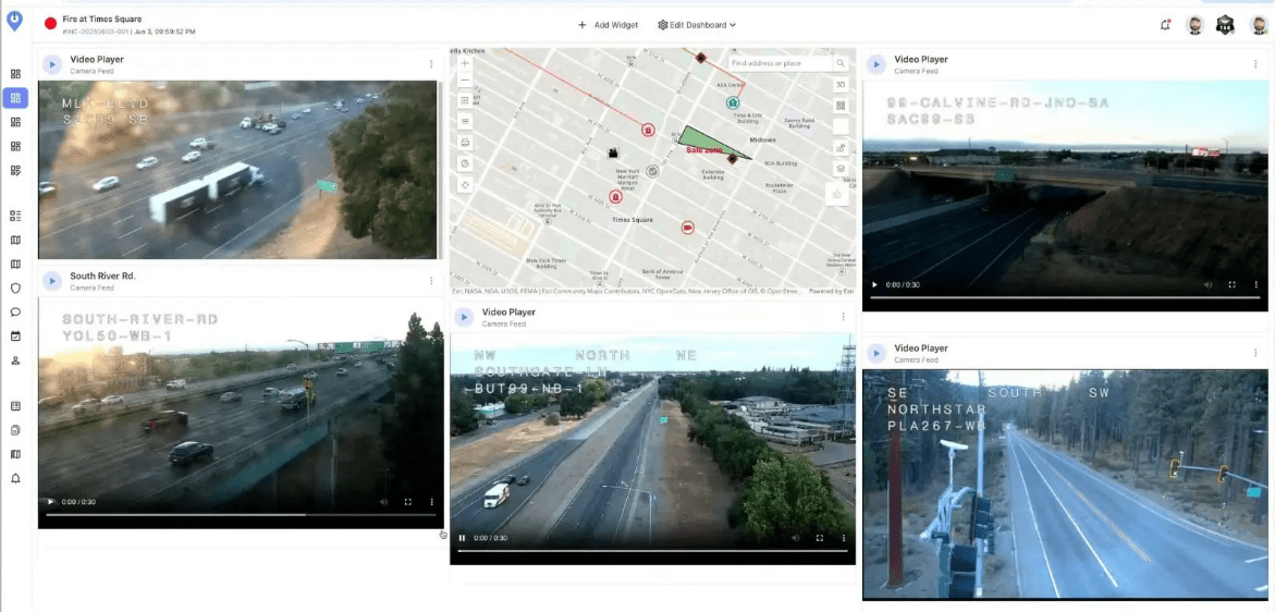 GeoSightOps incident dashboard with tactical map and multiple live video widgets.