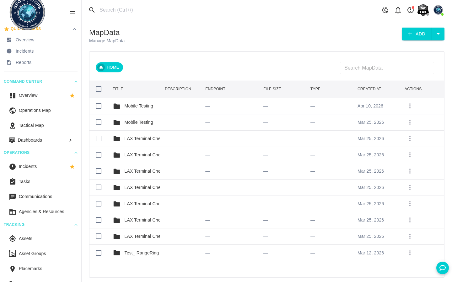 MapData and layer management for buildings, grounds, and operational overlays.