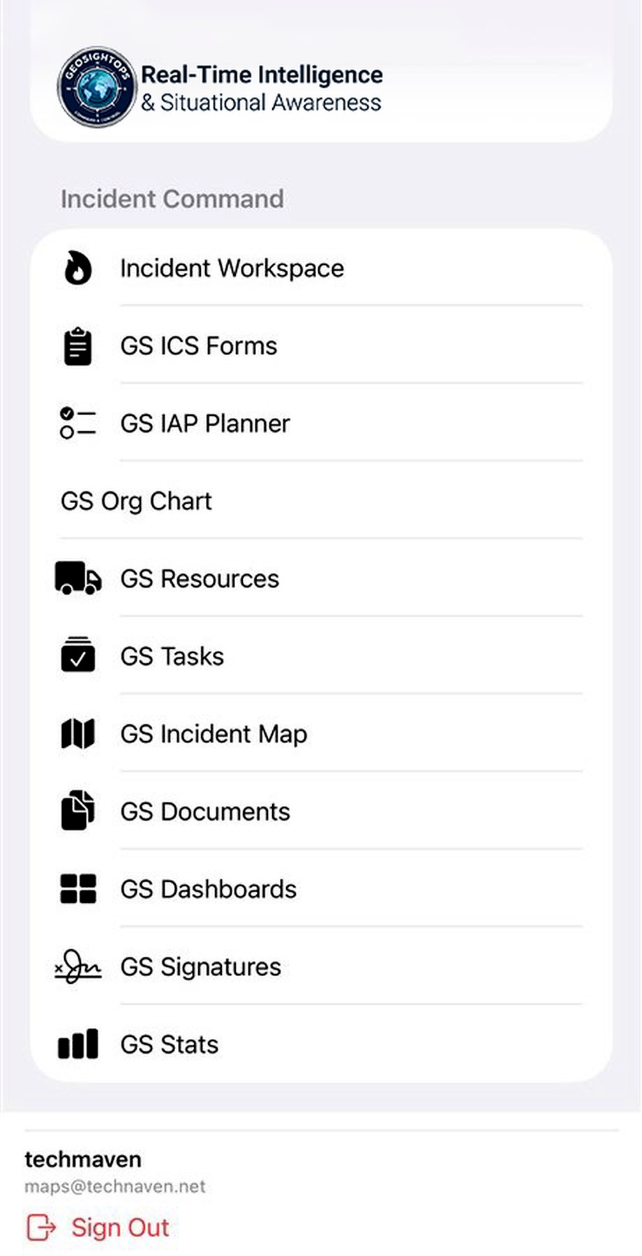GeoSightOps mobile — Incident Command menu