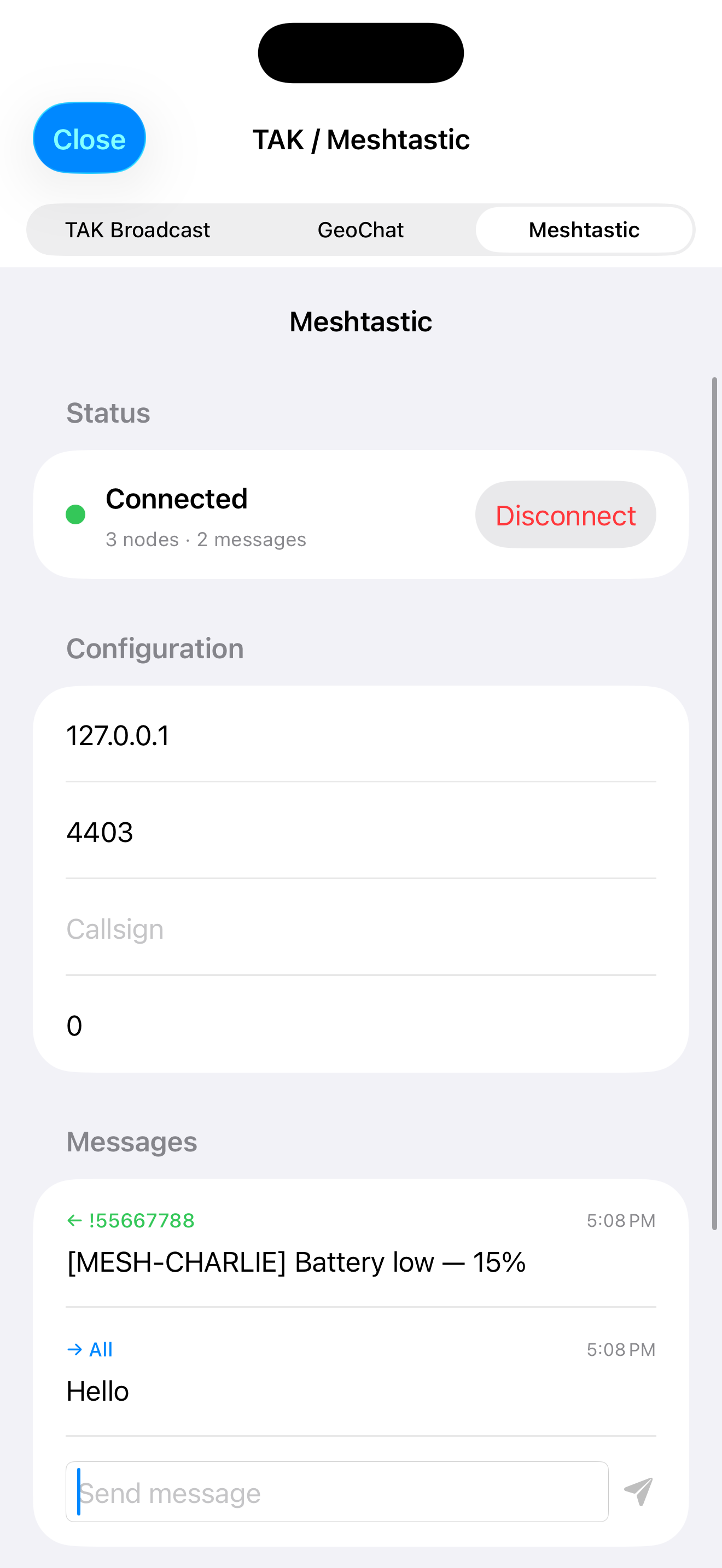TAK Meshtastic connected status