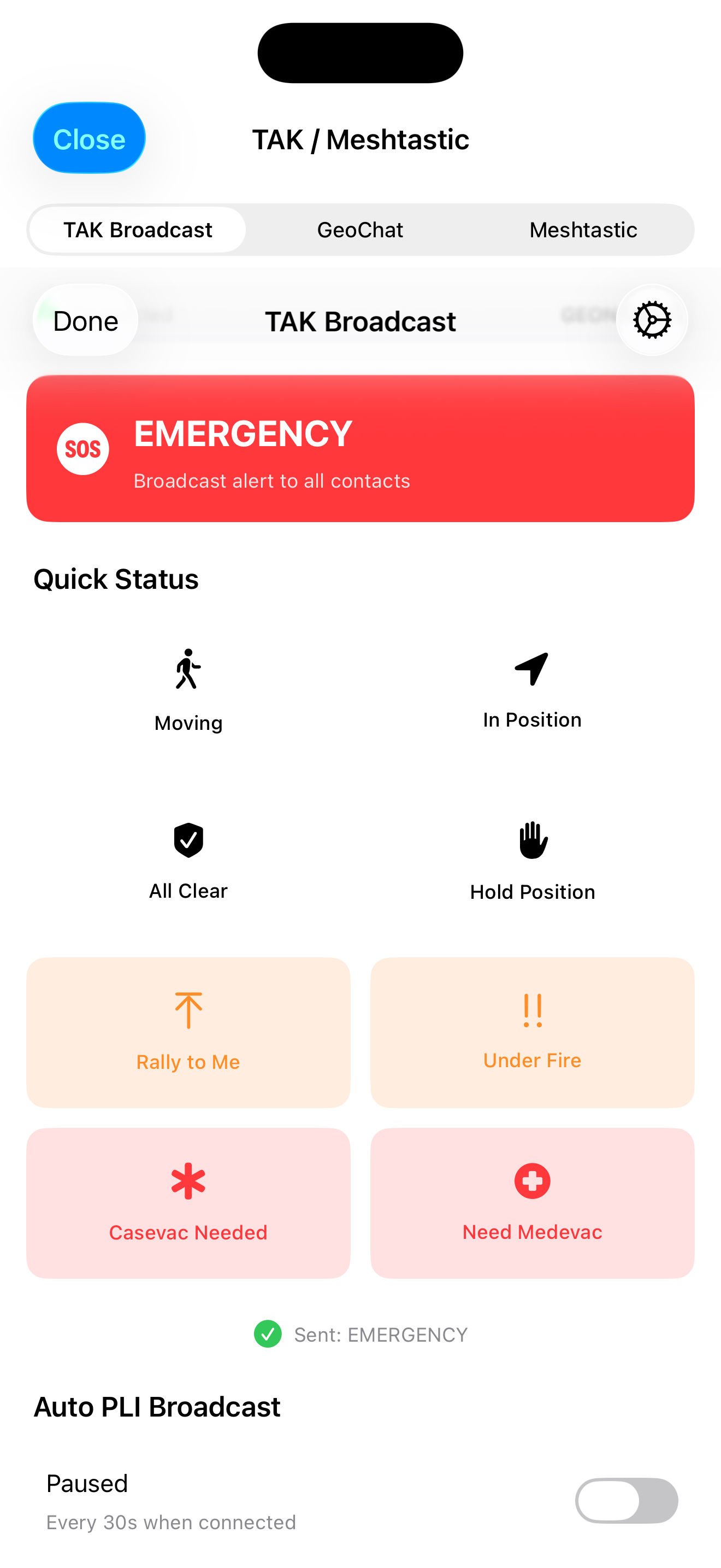 TAK Broadcast emergency SOS sent