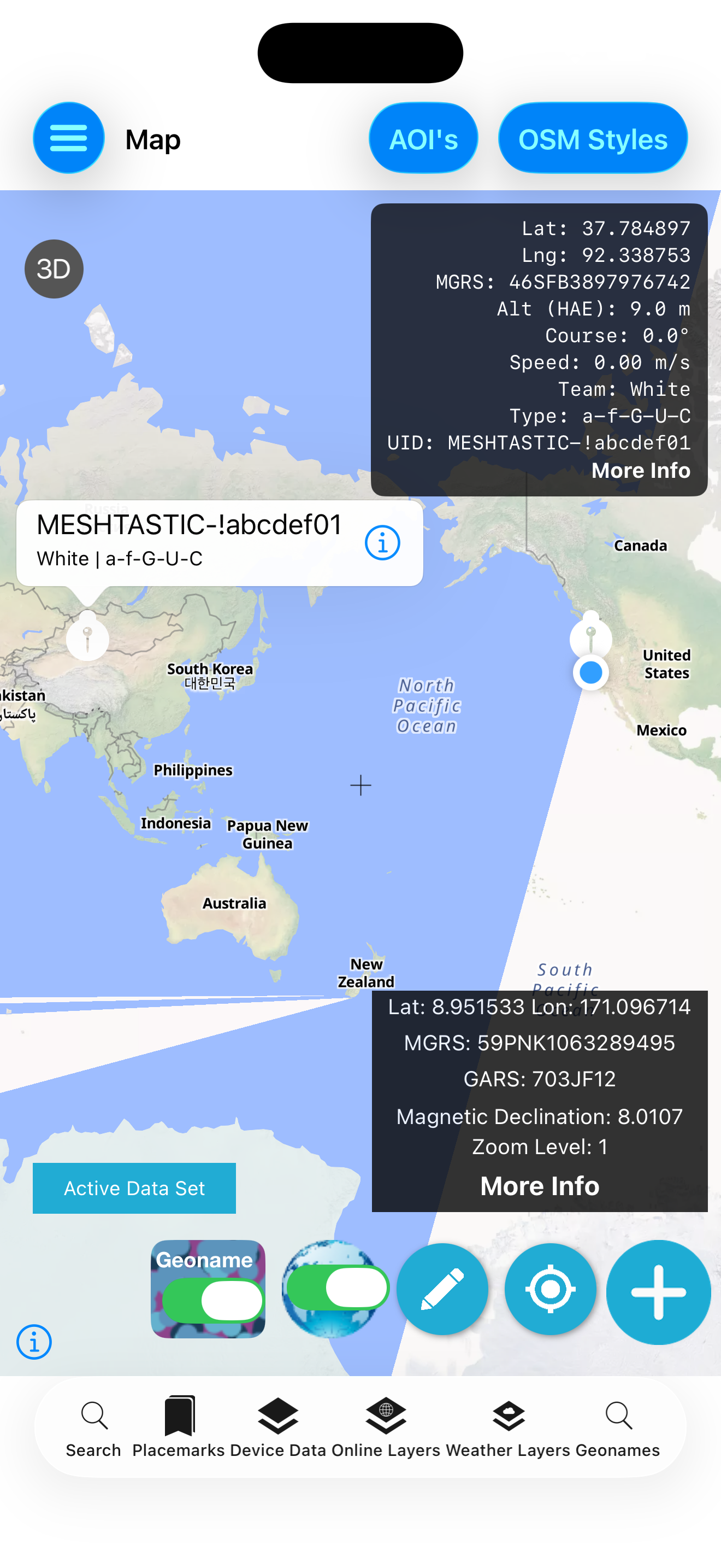 Map with GeoNames toggle and Meshtastic track