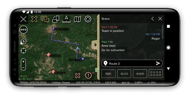 TAK mobile map with chat sidebar on a field phone