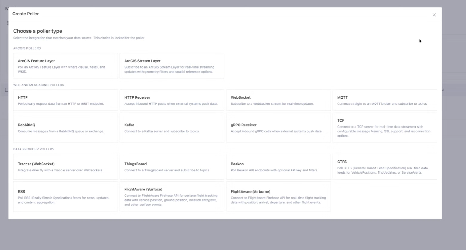GeoSightOps Create Poller screen showing integrations for HTTP, MQTT, ArcGIS, GTFS, and more.