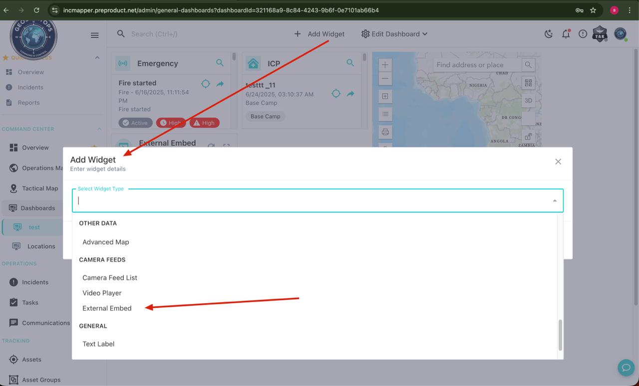 GeoSightOps Add Widget modal with camera feeds, video player, and external embed options.