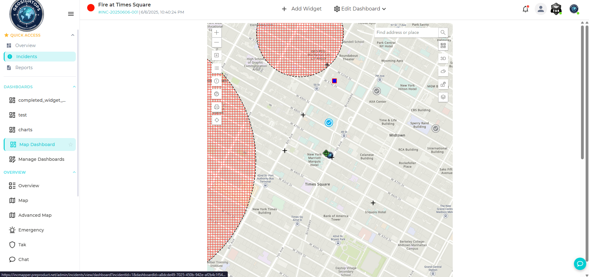 Dashboard map with zones, assets, and monitoring overlays.