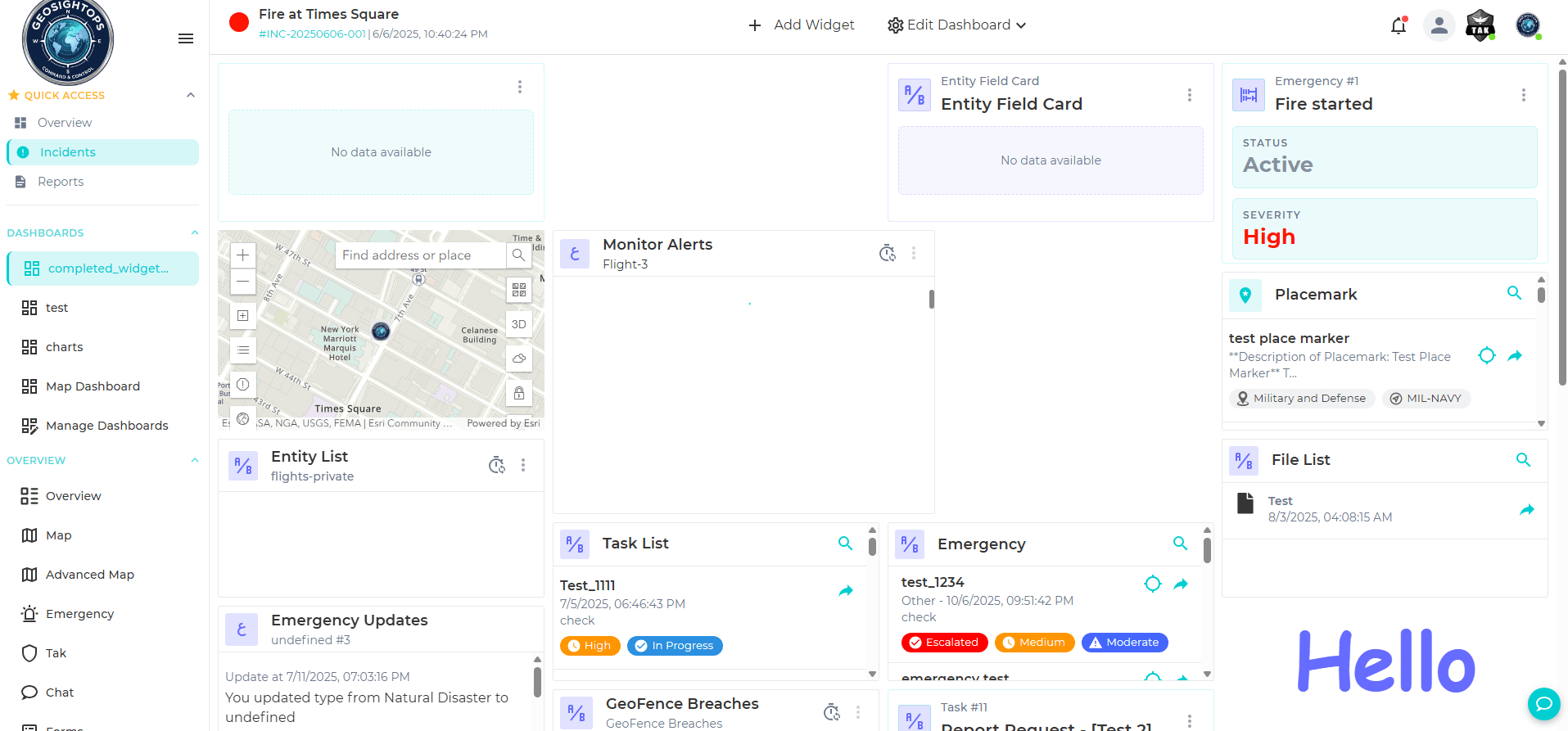 GeoSightOps incident dashboard with map, emergency status, and custom widgets.