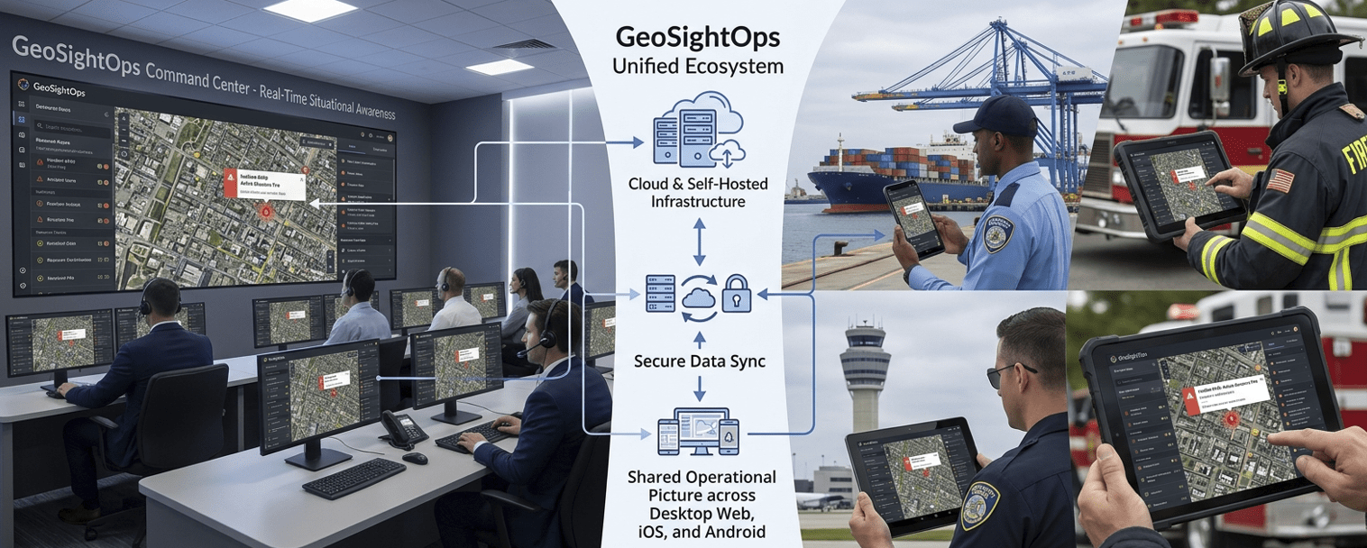 GeoSightOps unified ecosystem: command center situational awareness, secure cloud and self-hosted infrastructure, and shared operational picture on web, iOS, and Android in the field.