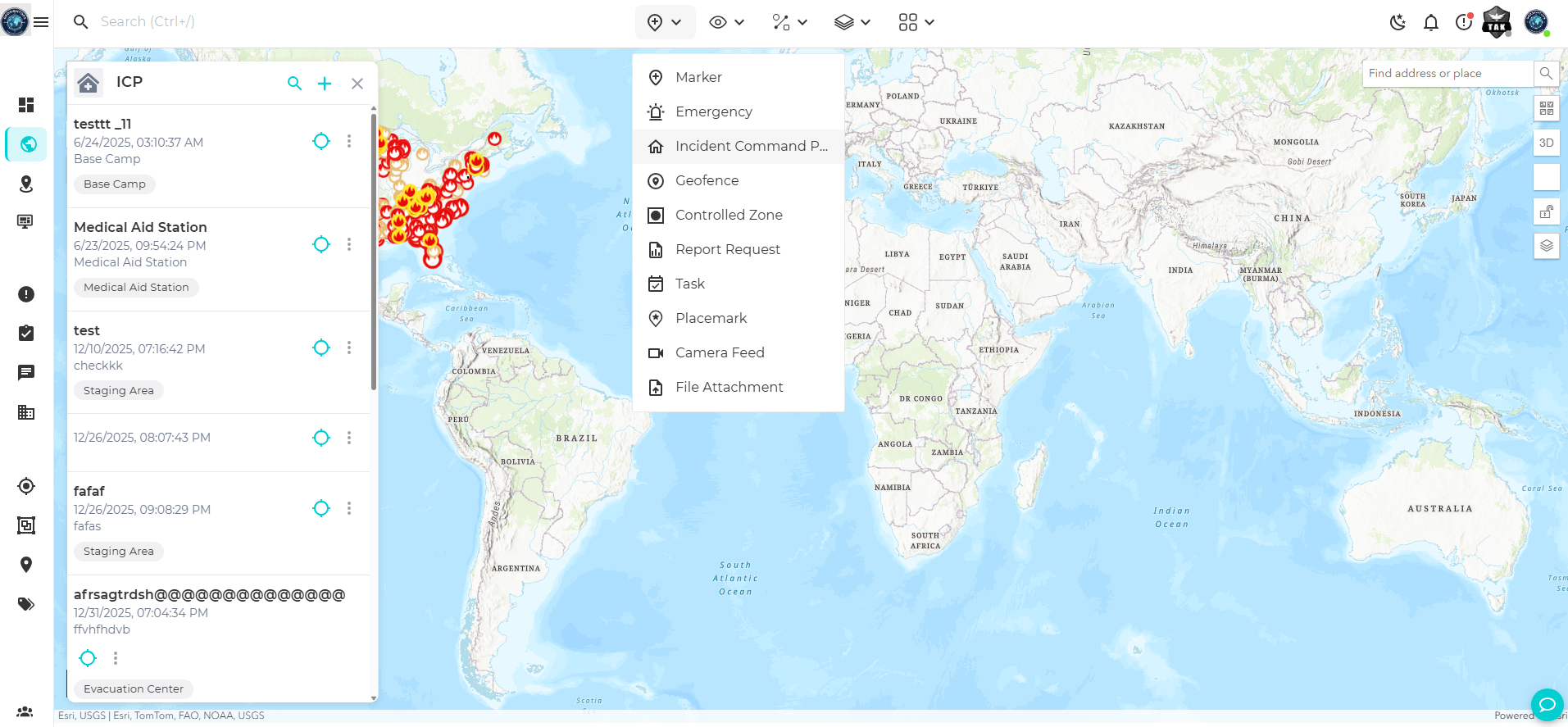 GeoSightOps operations map with incident command post panel and map tools.