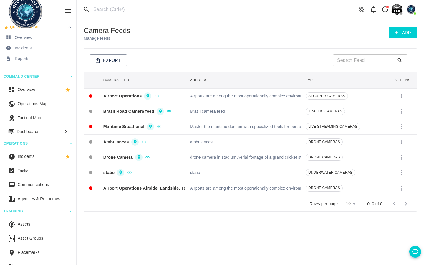 GeoSightOps Camera Feeds list — security, traffic, drone, and live streaming types.