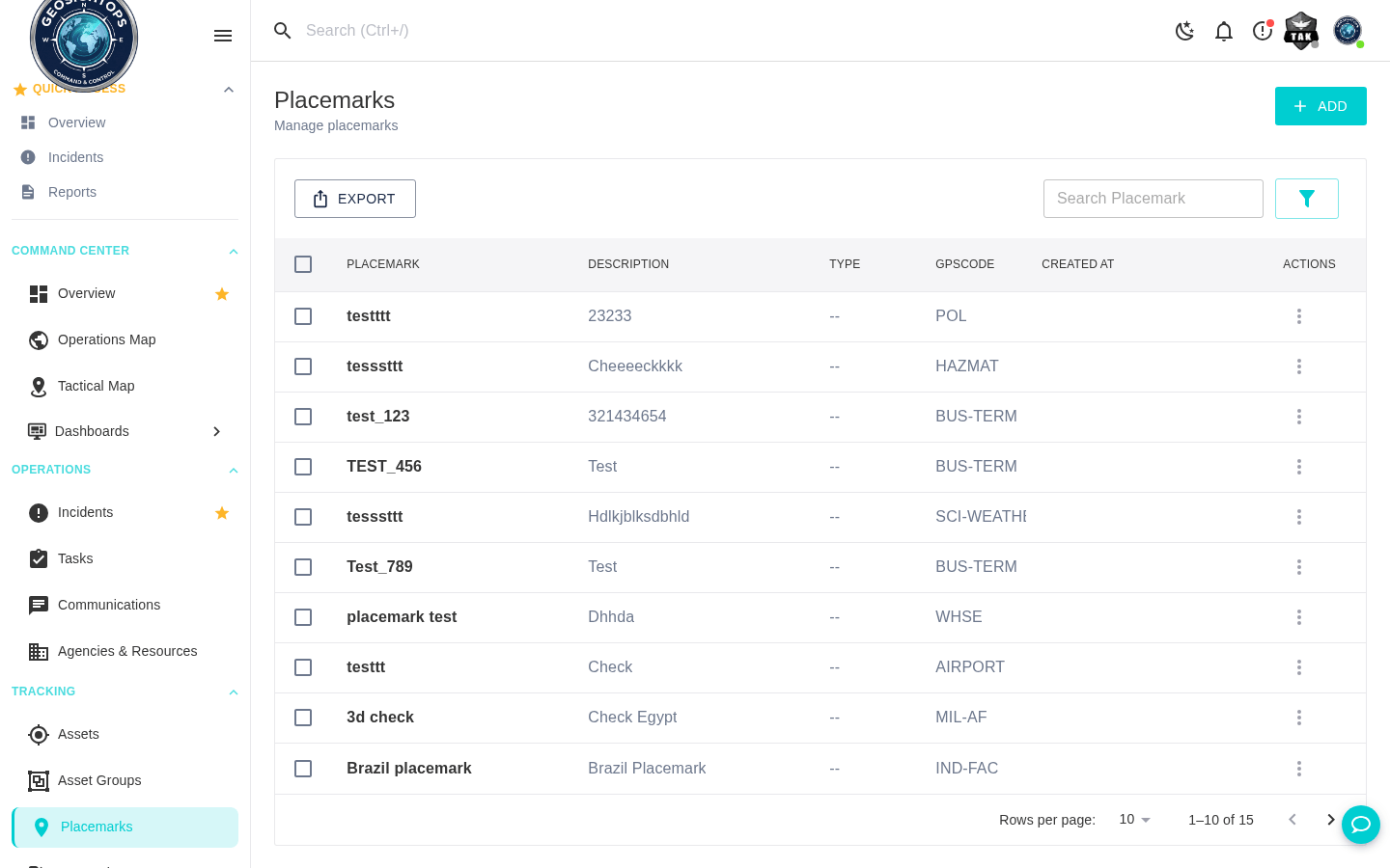 GeoSightOps Placemarks management for venue and event map points.